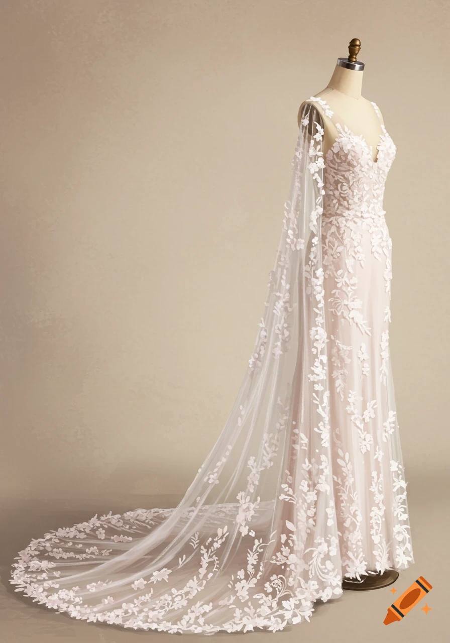 Floral lace wedding dress with a long train on a mannequin