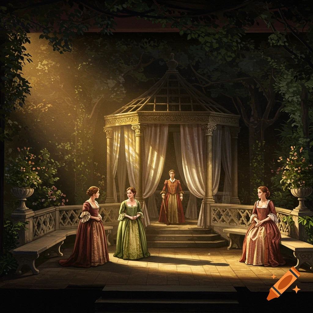 Theatre set design with four figures in historical costumes in a garden with a gazebo under dramatic lighting.