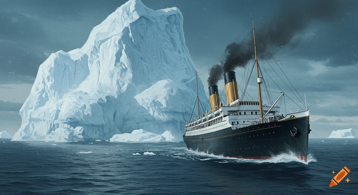 Large ship approaches a huge iceberg on the sea under a stormy sky.