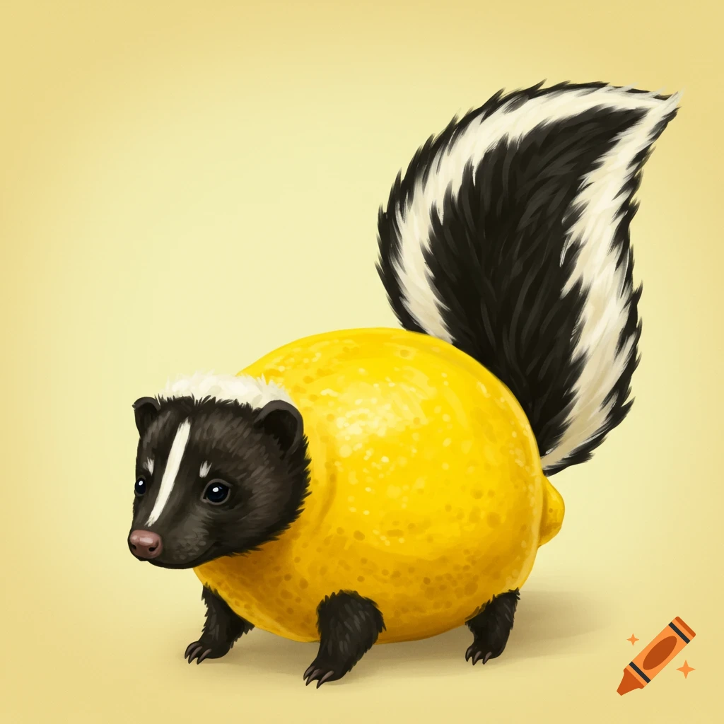 An illustration of a skunk with a lemon for a body.