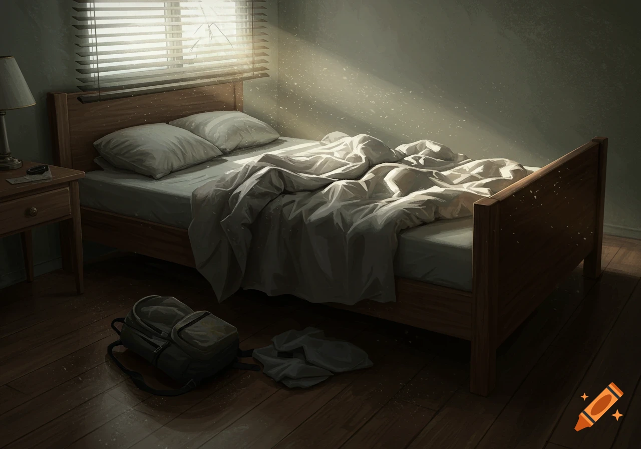 An unmade bed in a dim room with sunlight streaming through a broken blind. A backpack is on the floor.