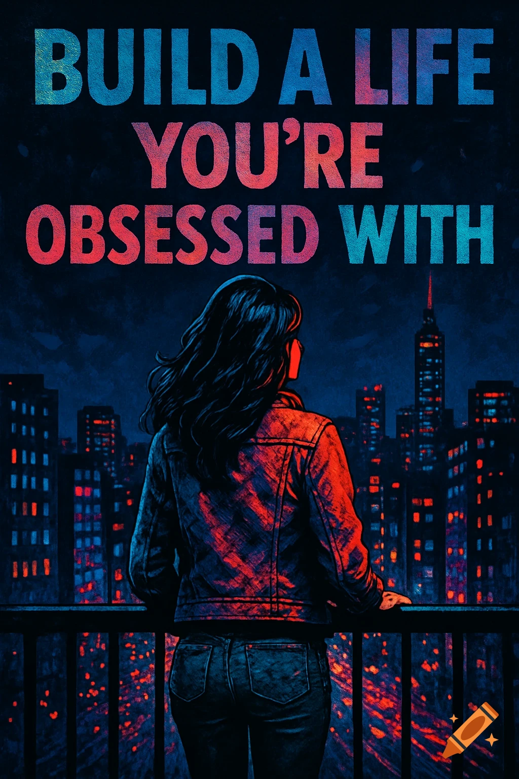 Person overlooking a dark city skyline with the text "Build a life you're obsessed with" in a pop art style.