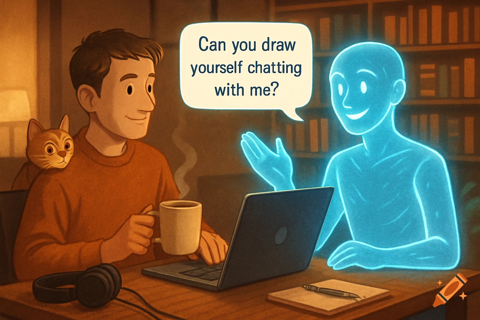 A man with a cat on his shoulder chats with a glowing blue AI figure via a laptop. A speech bubble says "Can you draw yourself chatting with me?"