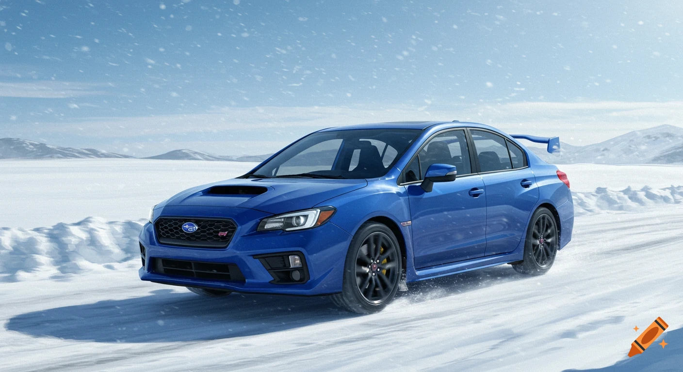 A blue Subaru WRX sedan drives on a snowy road in a winter landscape.