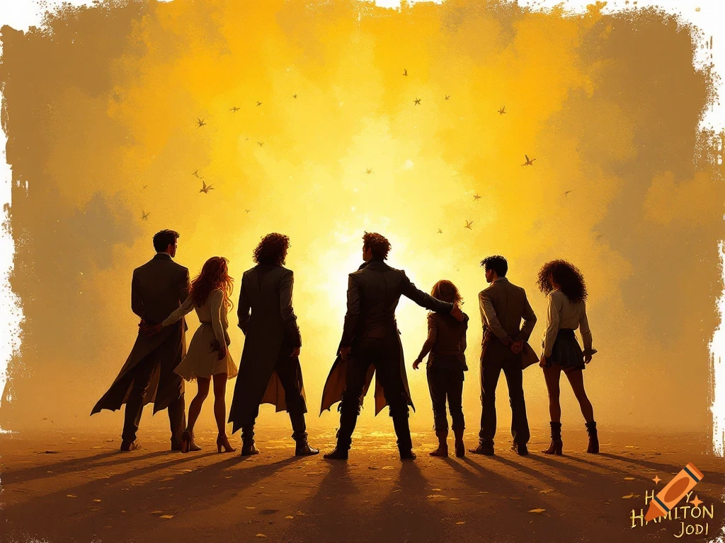 Silhouetted group of people watching a bright sunset with birds flying.