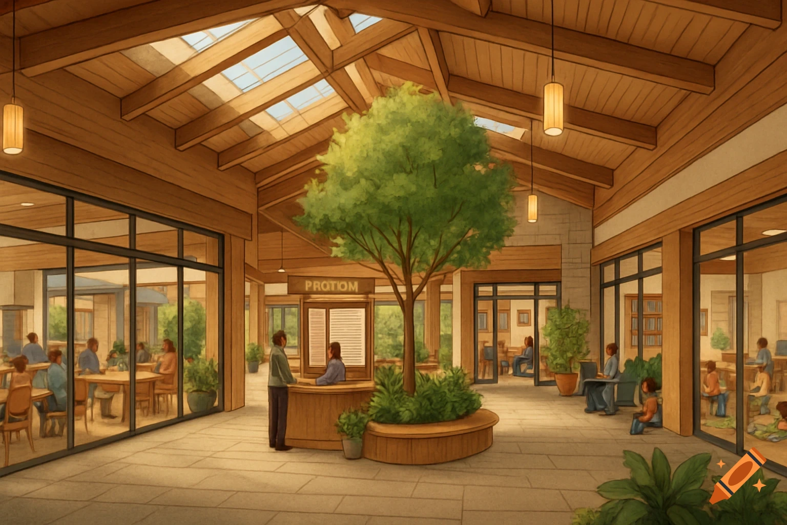 A large, airy indoor community center lobby with wood beams, skylights, a central tree, and people.