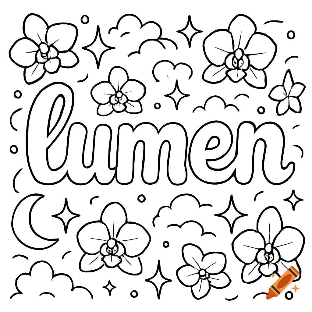 Black and white coloring page with the word lumen, orchids, stars, clouds, and a crescent moon.