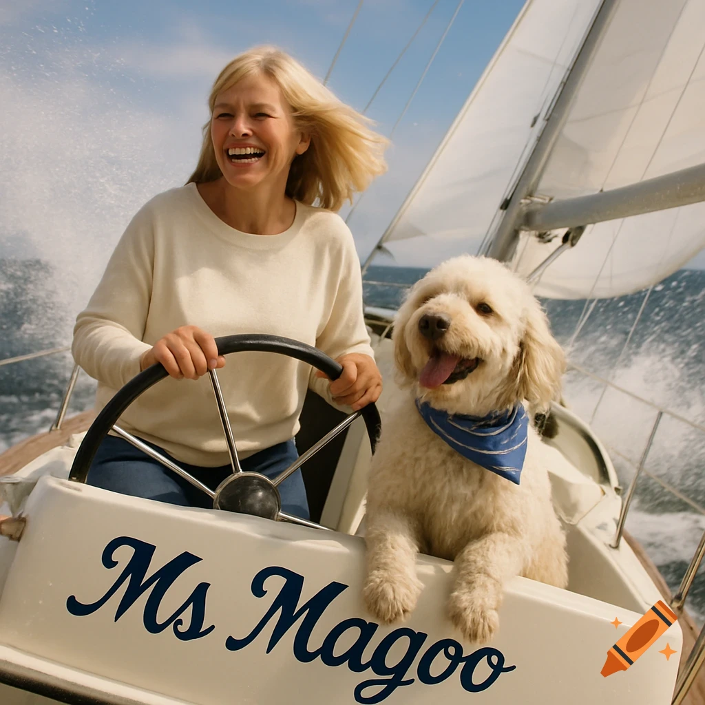 A woman and a dog smile while sailing on a windy day.