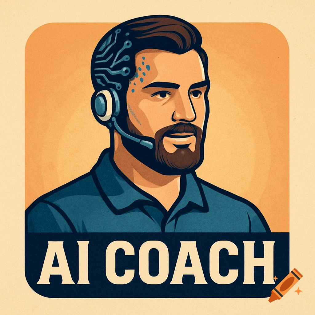 A stylized logo of a man with a tech headset and circuits on his head, with the text "AI COACH".