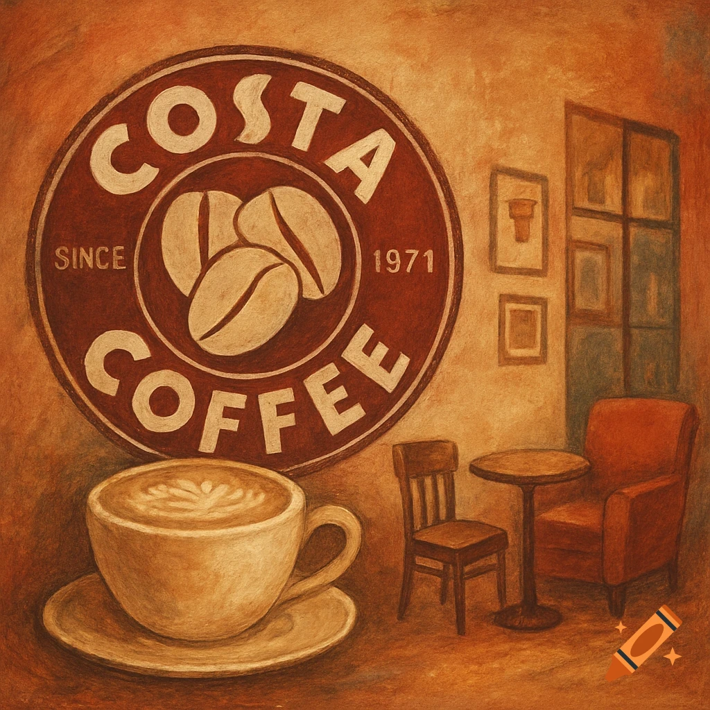 A textured painting of a Costa Coffee logo, a cup of coffee, and seating in a cafe.