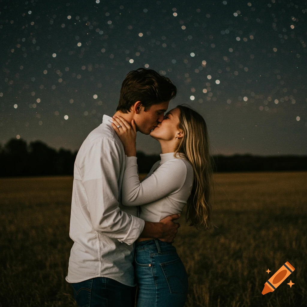 A couple kisses outdoors at night under a starry sky.