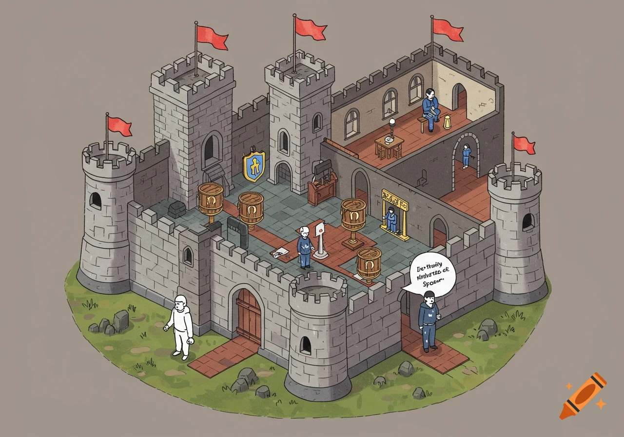 Isometric cartoon illustration of a castle with people inside and outside, depicting a security concept.