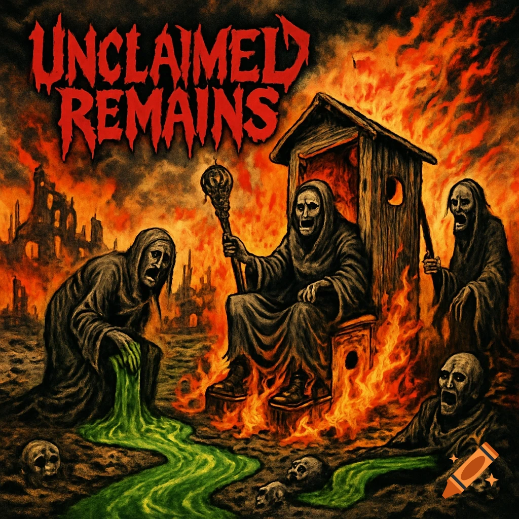 Heavy metal album cover art featuring hooded figures, fire, ruins, green slime, skulls, and text 'UNCLAIMED REMAINS'.