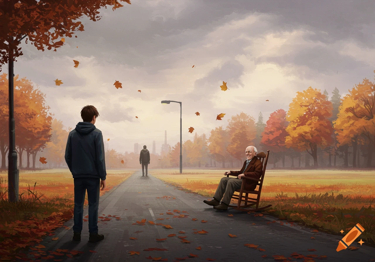 Illustration of a young man standing on a path with an old man in a rocking chair in autumn.