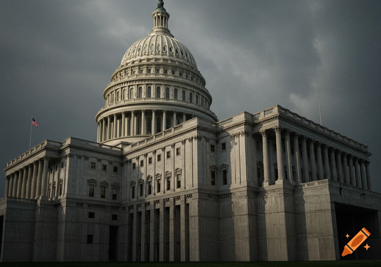 US Capitol building in brutalist style under a dramatic, cloudy sky.