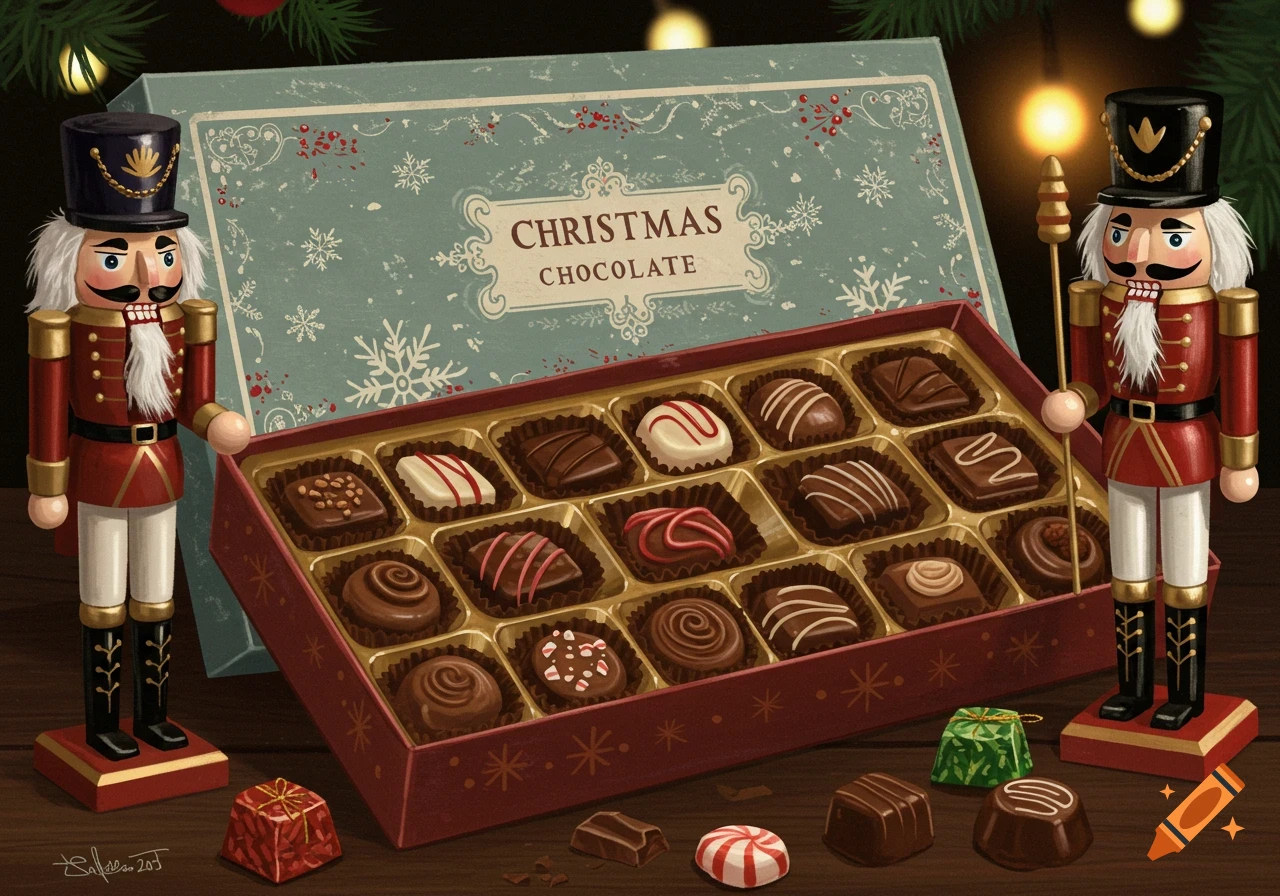 A box of Christmas chocolates sits on a table next to two nutcracker figures.