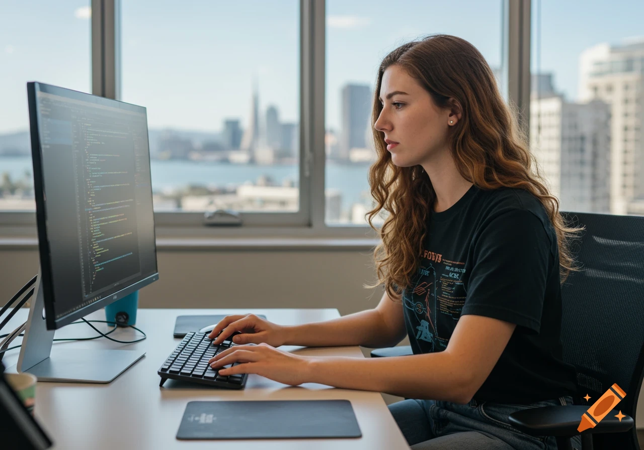 A woman codes on a computer in an office with a city view. on Craiyon