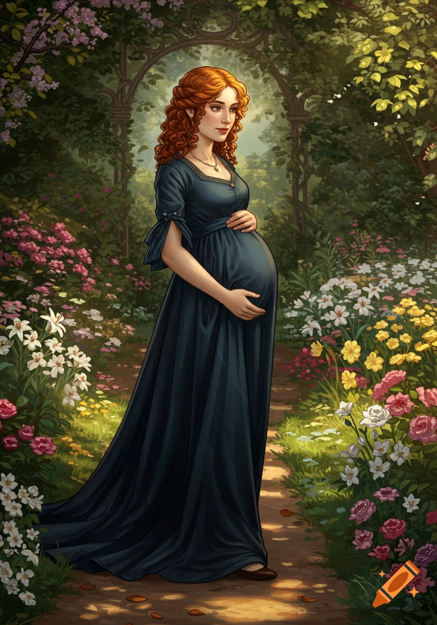 A pregnant woman with red curly hair and a dark blue dress stands in a lush, colorful garden, holding her belly. Illustration style.
