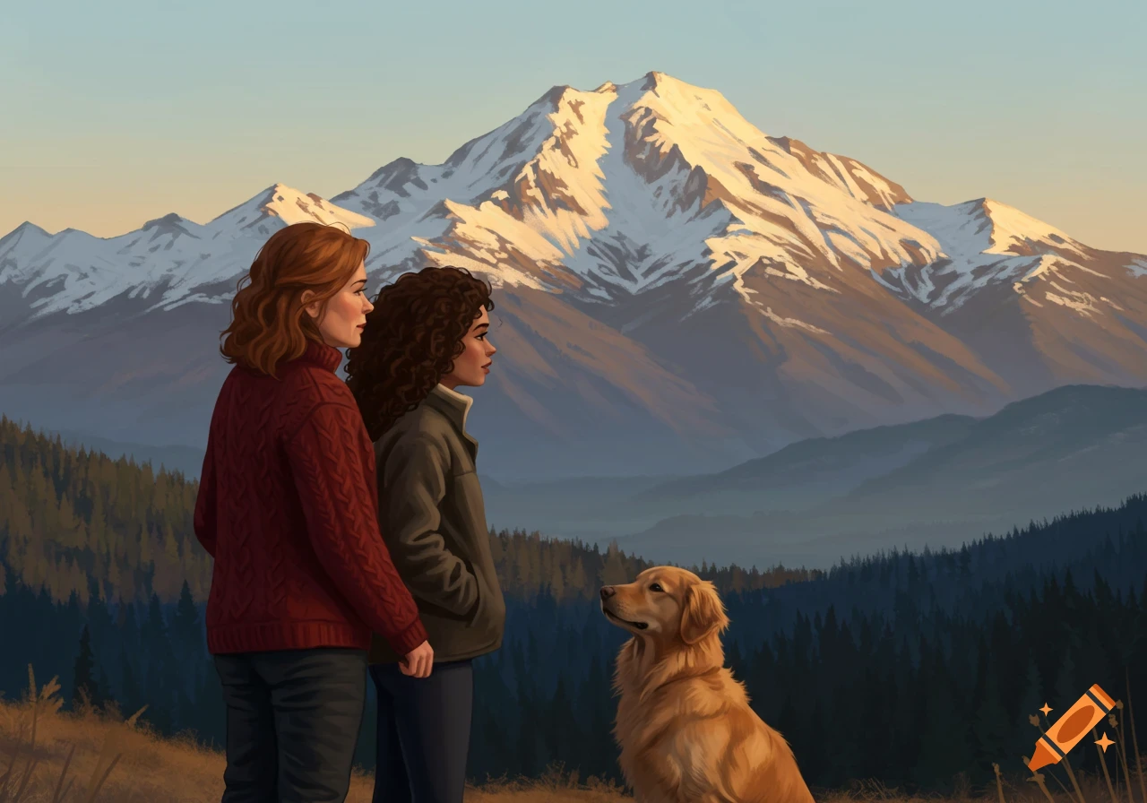 Two women and a dog watch the sunset over snow-capped mountains. on Craiyon