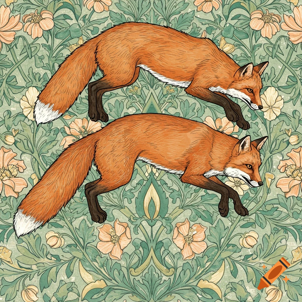 Two foxes jump over a floral pattern in the style of William Morris.