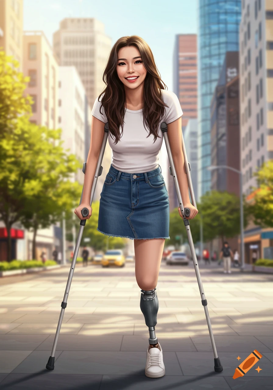 Smiling woman with prosthetic leg using crutches on a city street (digital painting)