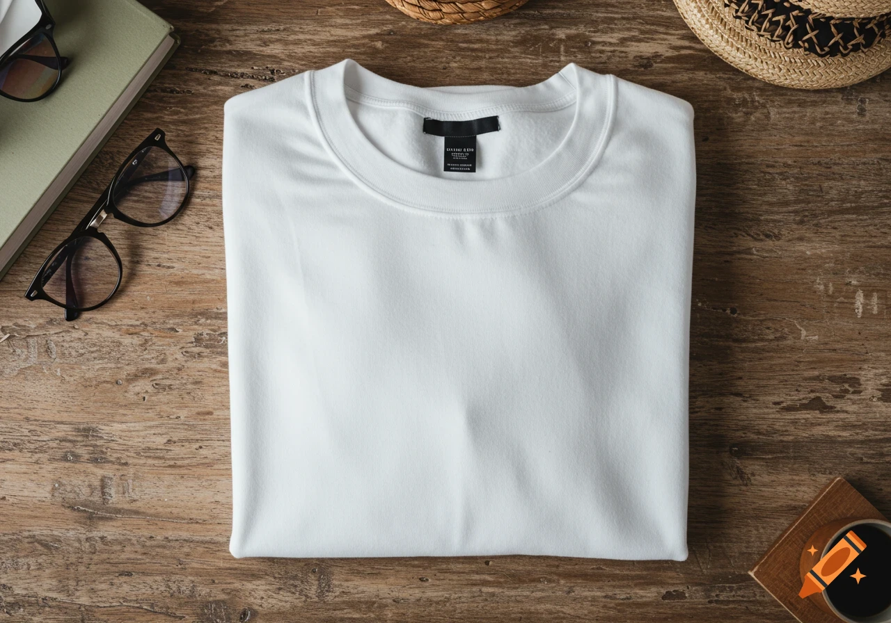 Flat lay photo of a folded white t-shirt on wood with glasses, book, hat, and coffee cup
