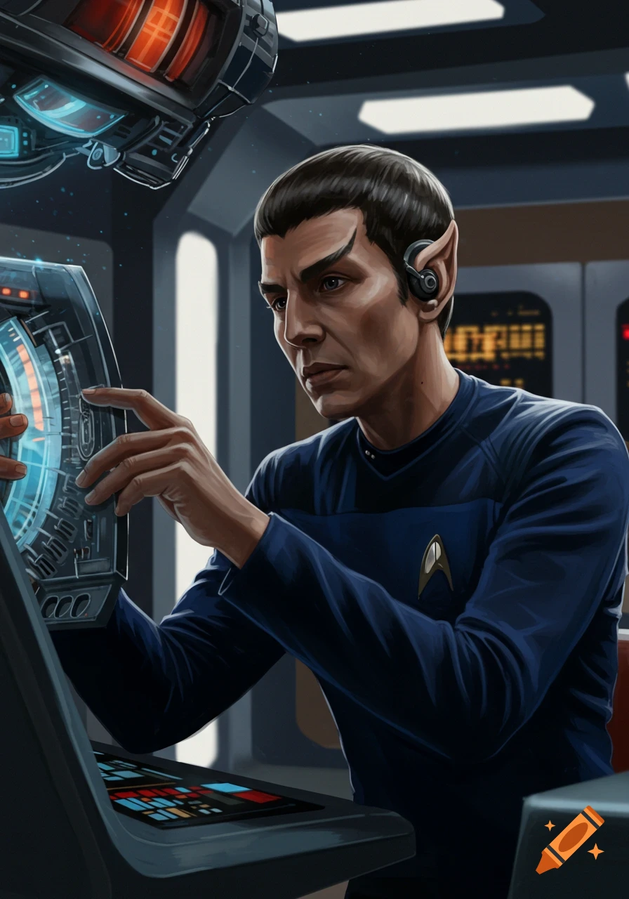 Illustration of Spock working at a console on a Star Trek starship bridge.