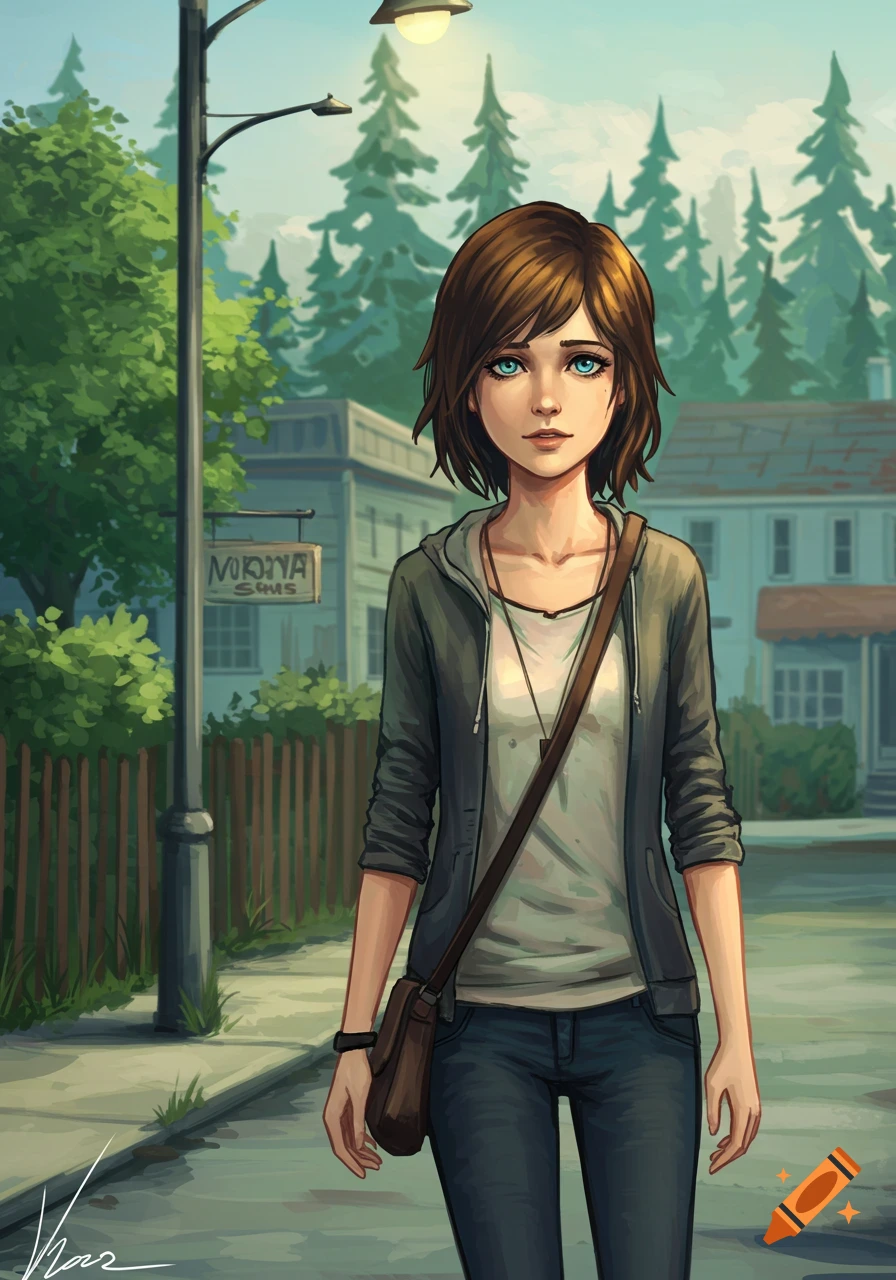 An anime-style young woman with brown hair and blue eyes walks on a sidewalk in a town.