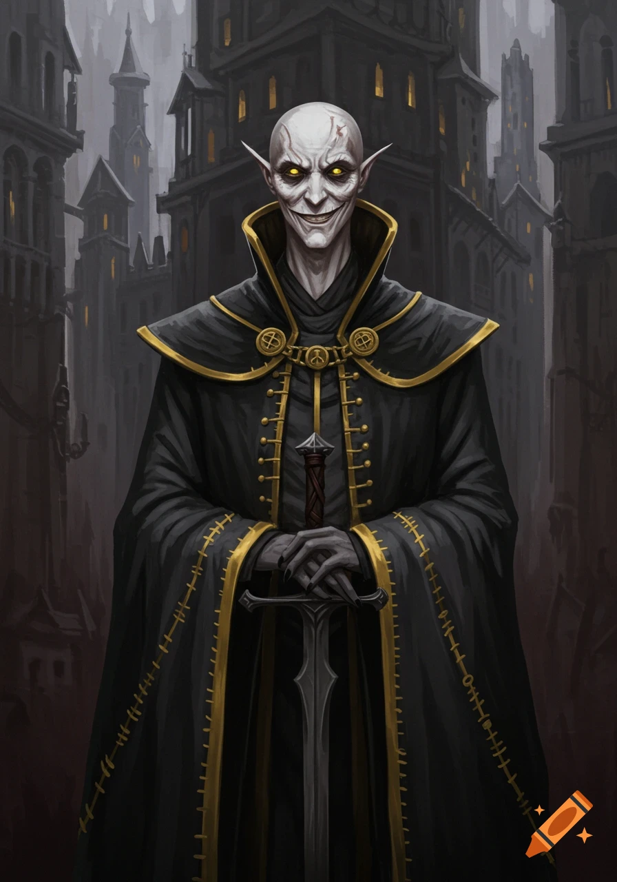 Pale-skinned vampire lord with yellow eyes and elven ears in black and gold robe holds a sword in a gothic city.