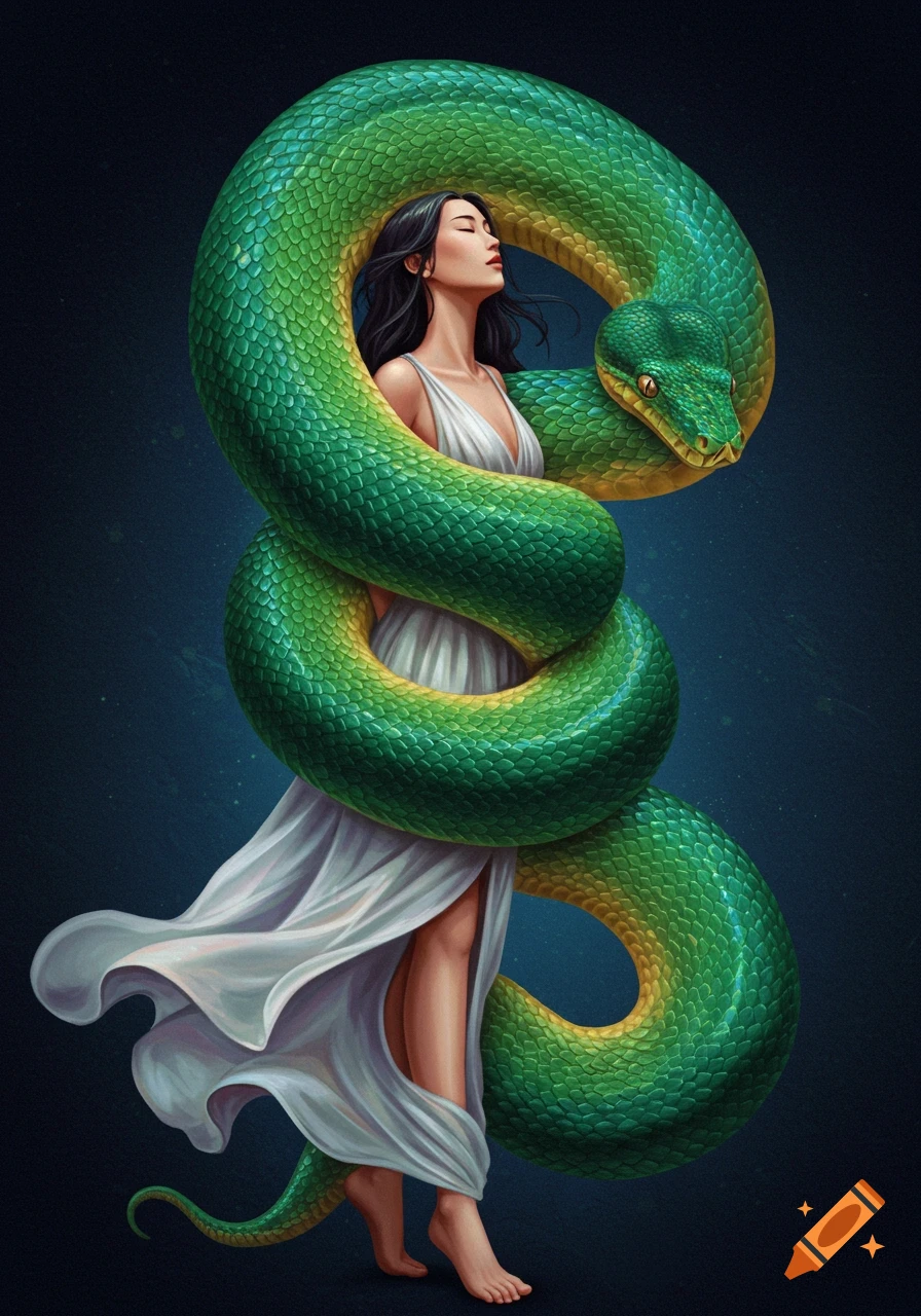 Digital art painting of a woman in a white dress entwined with a large green snake.