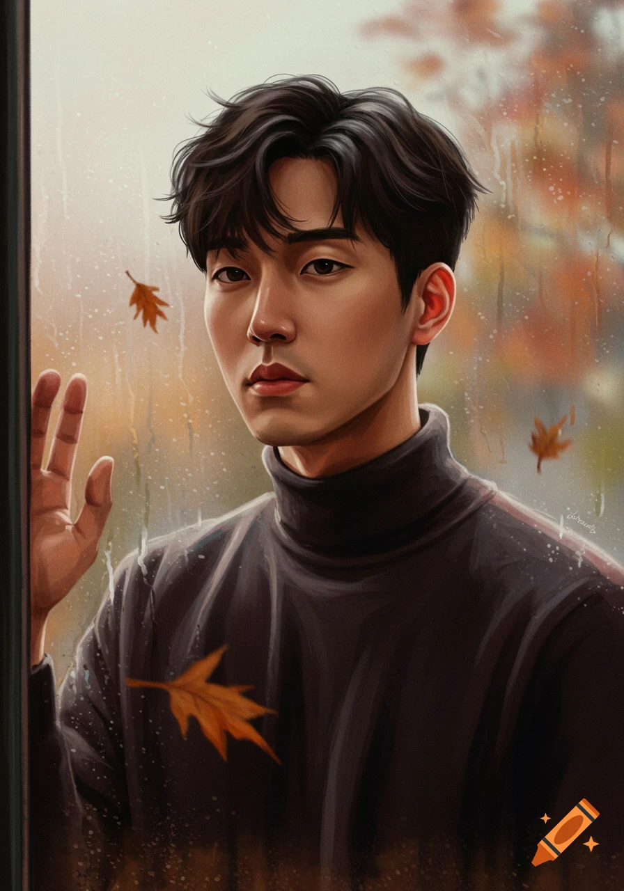 A painted portrait of a man looking through a rainy window with autumn leaves outside.