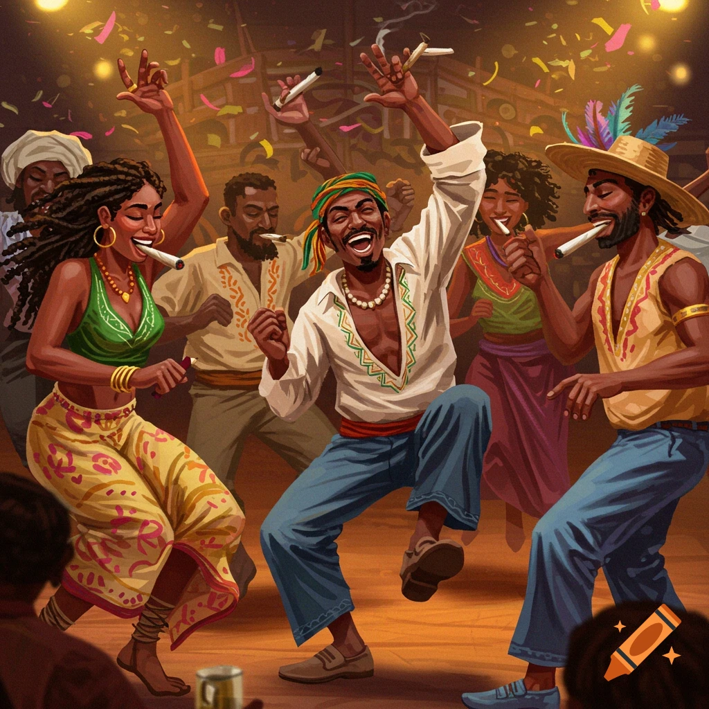 Group of people dancing and smoking joints at a lively party with confetti.