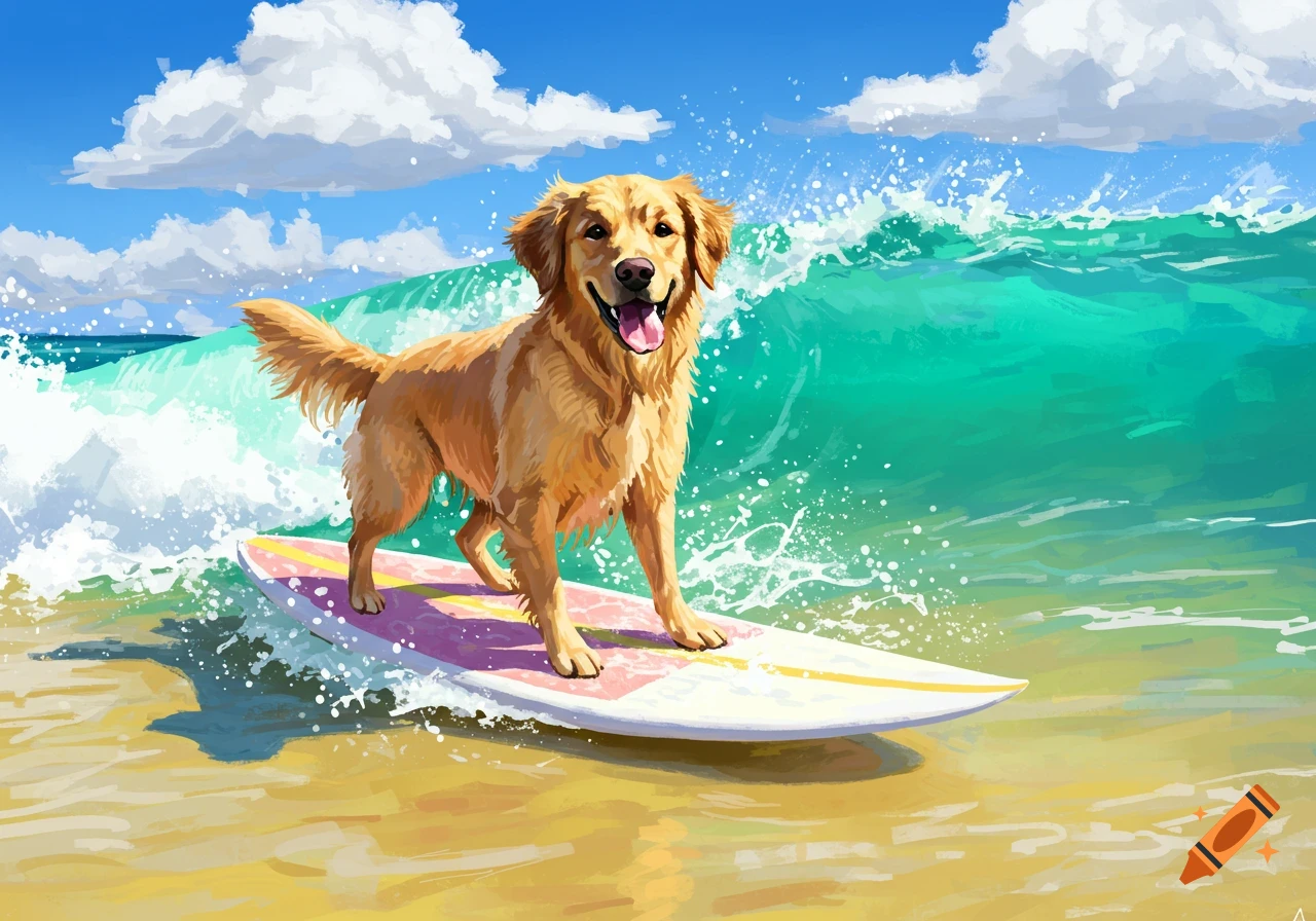 A golden retriever dog surfs a wave on a beach.