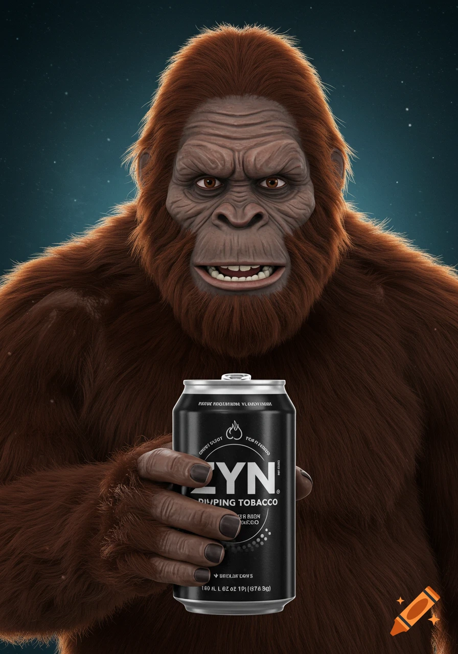 Cartoonish bigfoot holding a black can with text on it.