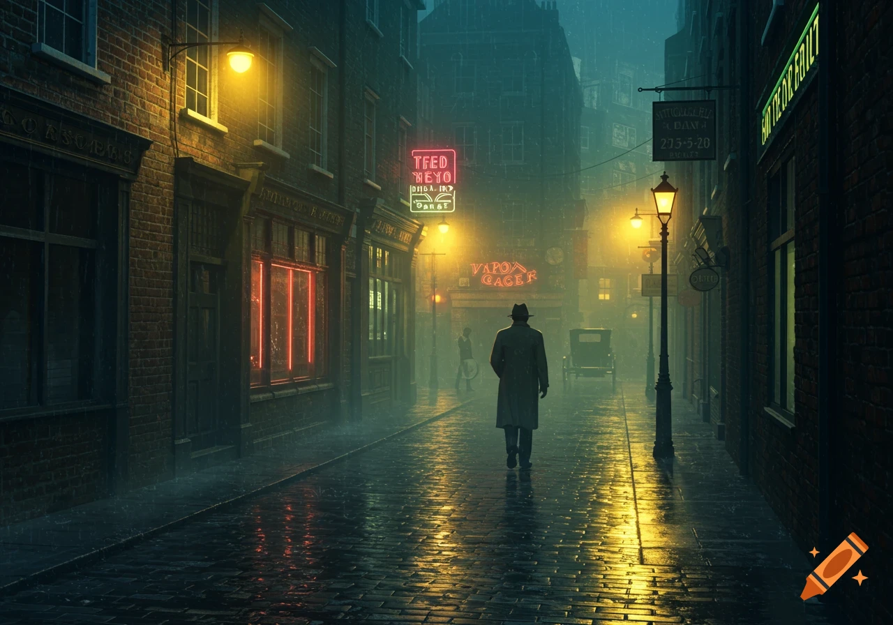 Man in trench coat walks down a dark, rainy city street at night, lit by lamps and neon signs.