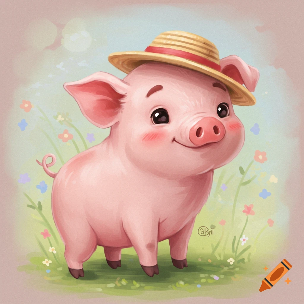 A cute cartoon pig wearing a straw hat stands in a field of flowers.