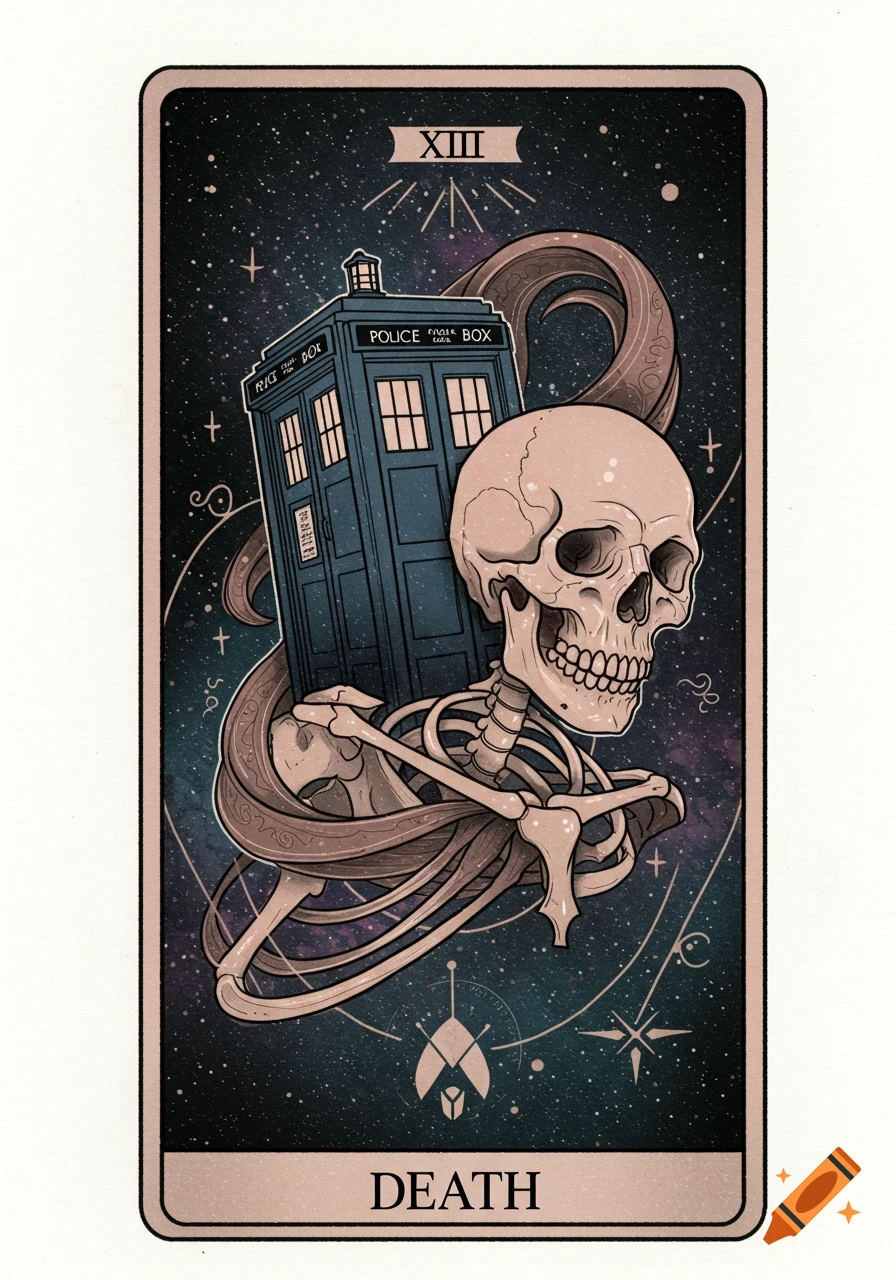 Illustrated tarot card showing a skeleton holding a Doctor Who TARDIS against a space background.