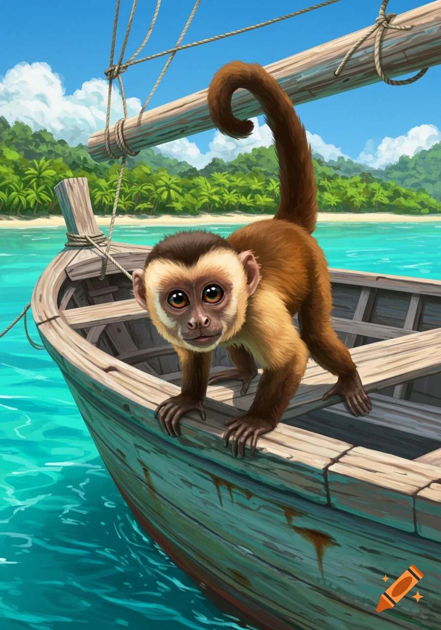 A capuchin monkey stands on a wooden boat near a tropical island.
