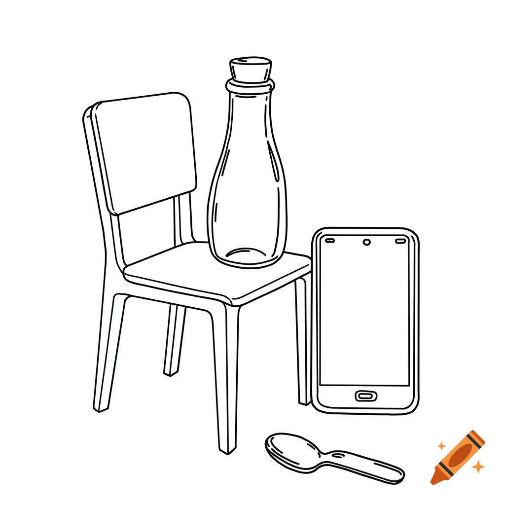A simple black and white line drawing of a chair, bottle, smartphone, and spoon.
