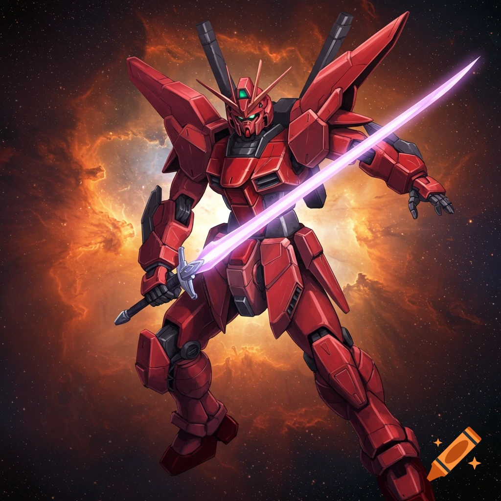 A red mecha holding a glowing purple sword in space with an orange nebula in the background.