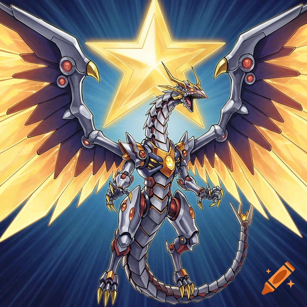 A mechanical dragon with golden wings stands before a golden star in anime style.