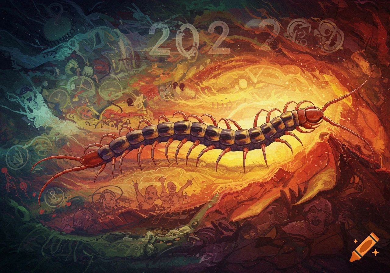 A large centipede crawls through a chaotic, fiery background with the numbers 2020 above.