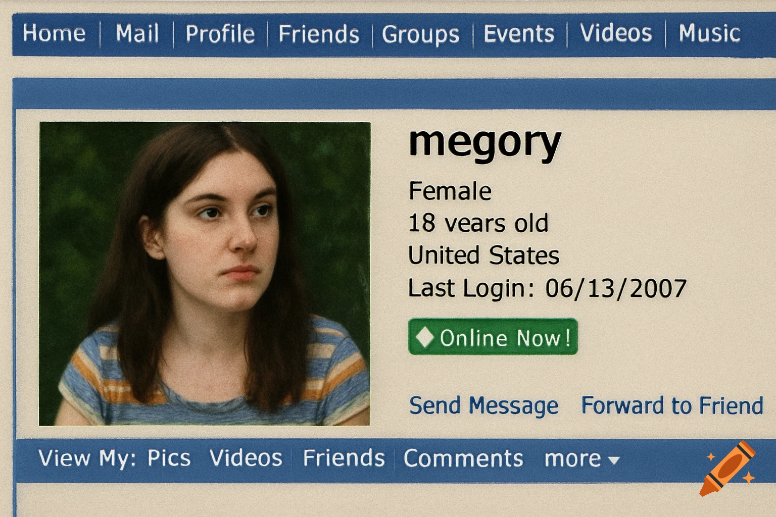 A simulated Myspace profile page featuring a woman's photo and profile details.