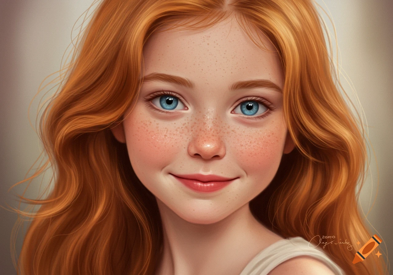Close-up portrait of a smiling girl with red hair and freckles.