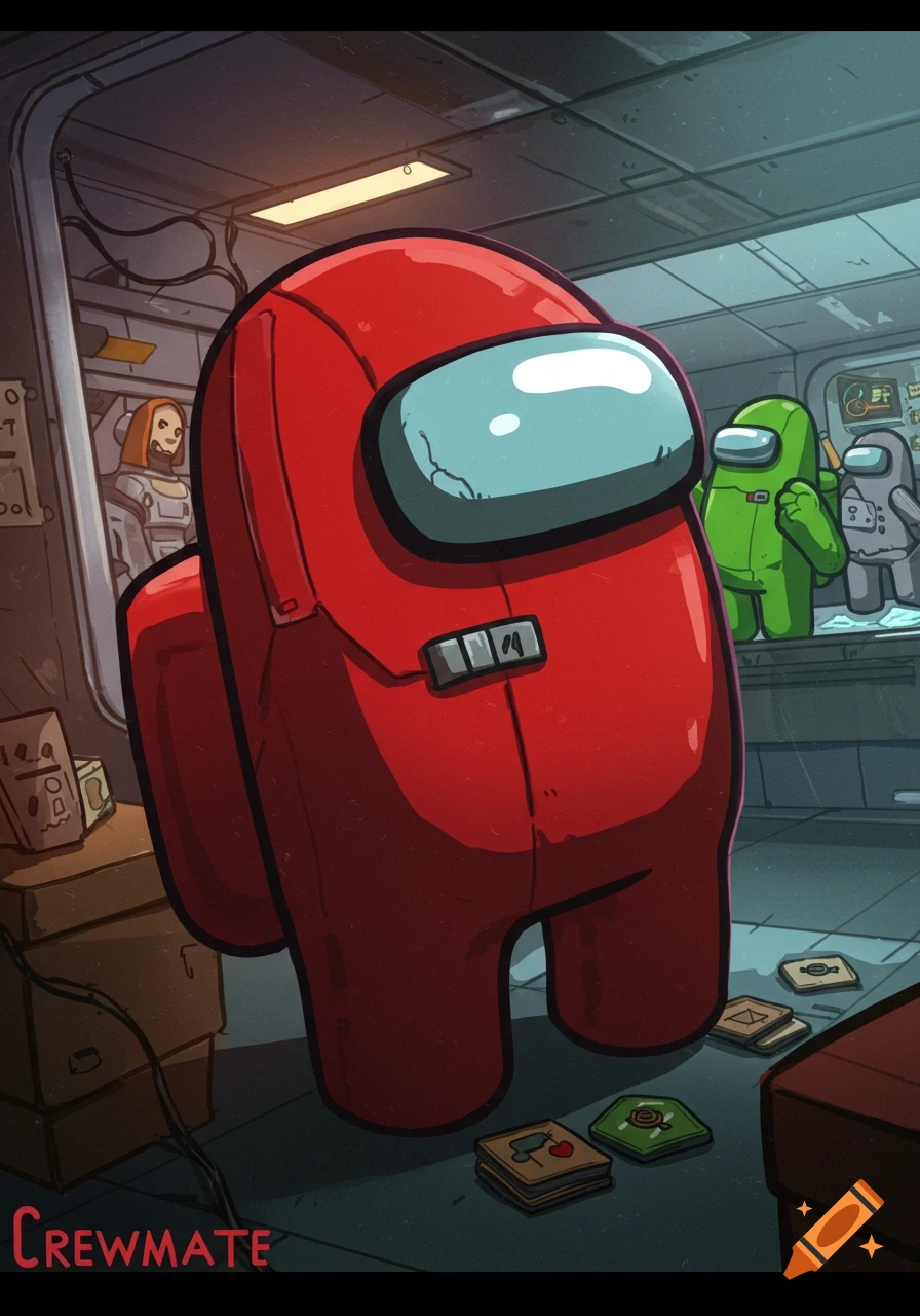 Red Among Us character stands in a spaceship corridor with other crewmates. Text says "Crewmate". Stylized illustration.