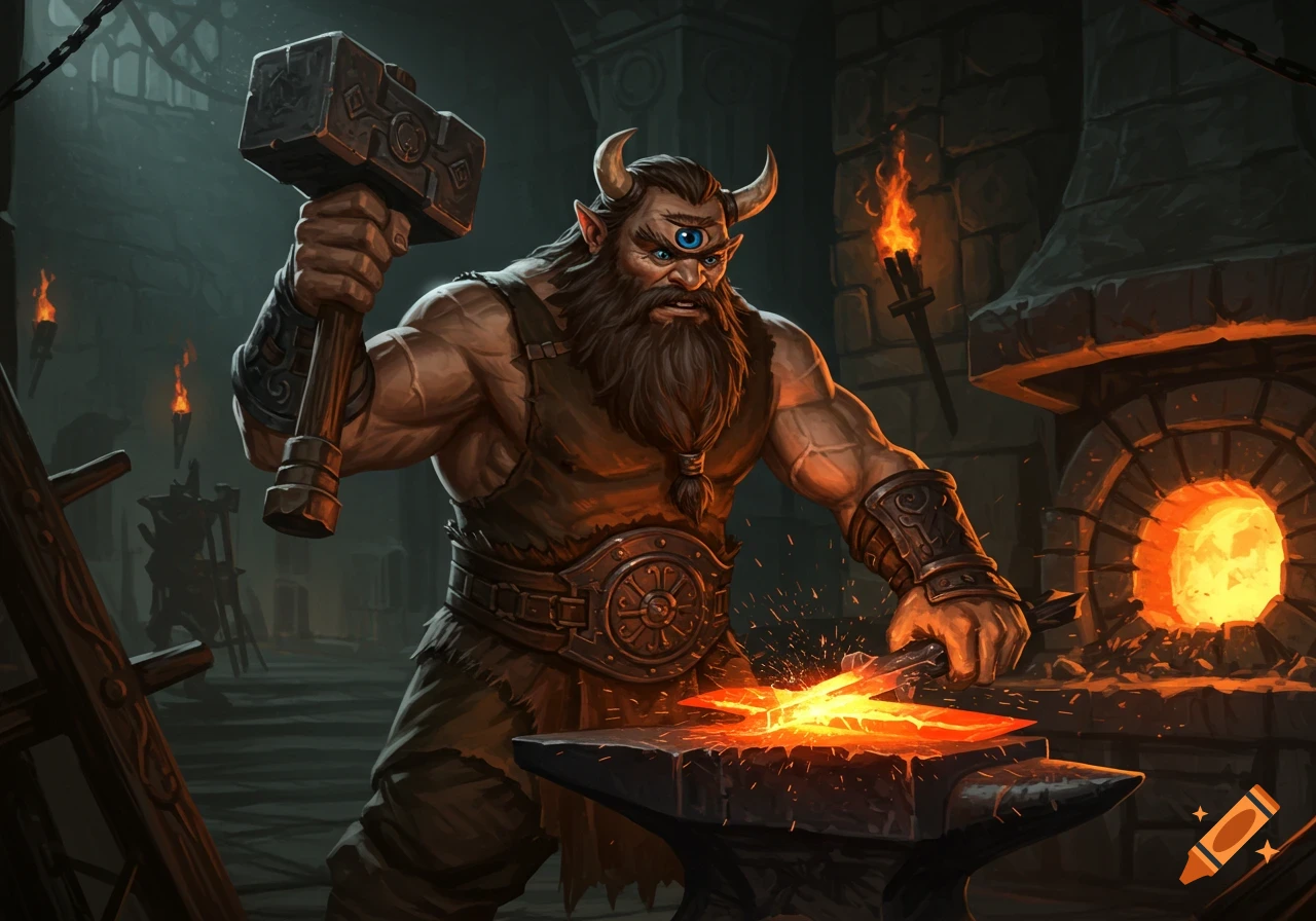 A cyclops blacksmith hammers a glowing sword on an anvil in a fantasy smithy.
