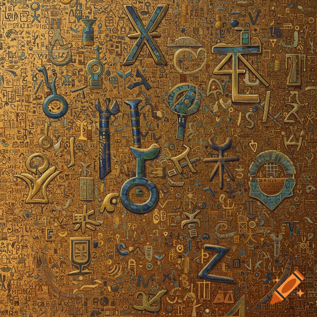 Texture of ancient symbols and shapes in gold and blue relief.