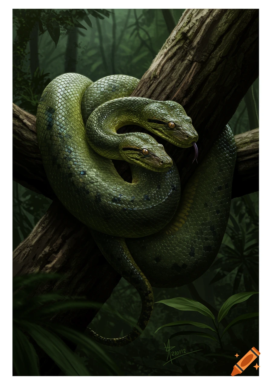 A large two-headed green snake coiled on a tree branch in a jungle.
