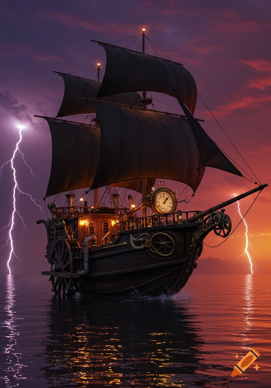 A steampunk ship with dark sails floats on the water during a lightning storm under a dramatic purple and orange sky.