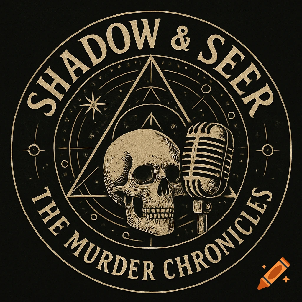 Logo for Shadow & Seer The Murder Chronicles podcast with a skull, microphone, and astrological symbols in a circle